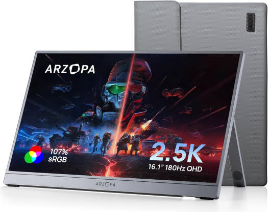 ARZOPA Z3FC Portable Gaming Monitor, 16.1'' IPS Display, QHD Resolution, 180Hz Refresh Rate, 16.7 Million Colors, Kickstand, Type-C Input Interface, Built-in Speakers, Gray | Z3FC