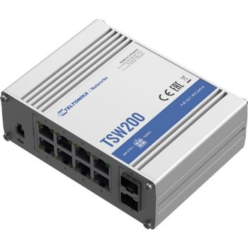 Teltonika TSW200 Industrial Unmanaged Switch, Gigabit Ethernet 8-port PoE, 2 SFP, Bandwidth 20 Gbps, Push-In, 1000 Mbps, Terminal Block | TSW200