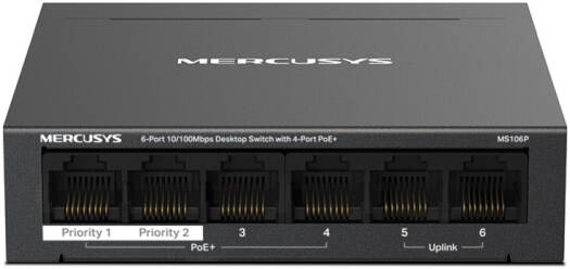 Mercusys MS106P 6-Port Desktop Switch, 4-Port PoE+, 6x 100Mbps, 67W PoE Budget, 802.3af/at, Extend Mode, Isolation Mode, PoE Auto Recovery, Plug & Play, Metal Case | MS106P