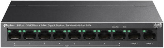 TP-LINK LS1210P Desktop Switch, 8-Port 10/100Mbps+2-Port Gigabit, 30 W PoE Output, 250 m (820ft) Data & Power Range, Isolation Mode, Desktop / Wall-Mounting, Black | LS1210P