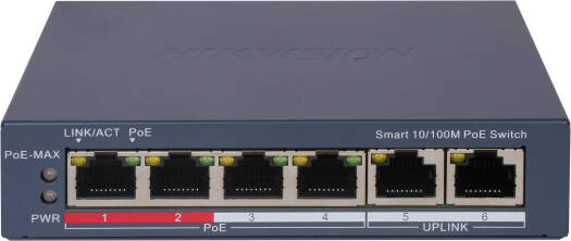 Hikvision 4 Port Fast Ethernet Smart POE Switch, 4x 10/100 Mbps PoE Port, 2x 10/100 Mbps RJ45 Port, 14 Gbps Switching Capacity, 10.42 Mpps Packet Forwarding Rate | DS-3E1106P-EI