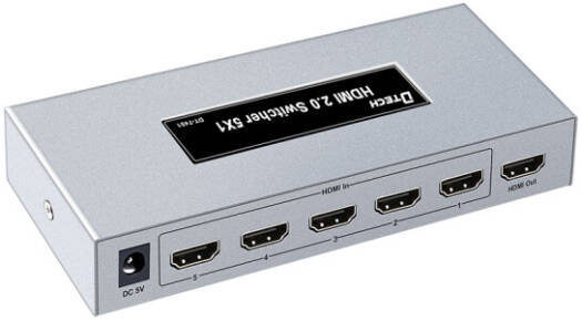DTECH DT-7451 HDMI 2.0 Switcher, 3840x2160@60Hz Resolution, Free Driver, Plug & Play, 5 Ports, Ports, 10m Input Transmission Distance, 5m Output Transmission Distance, Silver | DT-7451