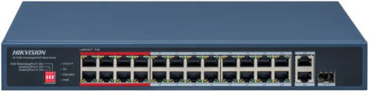 Hikvision 24 Port Fast Ethernet Unmanaged POE Switch, 24x 10/100 Mbps PoE Port, 1x Gigabit RJ45 Port, 1x Gigabit Combo, 8.8Gbps Switching Capacity, 4 Mbits, Metal, Blue | DS-3E0326P-E/M(C)