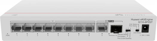 HUAWEI Switch S110-8P2ST, 8x10/100/1000BASE-T Ports, PoE+, 1xGE SFP Port, 1x10/100/1000BASE-T Port, AC power, Power Pdapter | S110-8P2ST