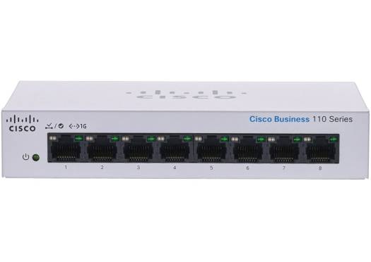 Cisco CBS110 8 Port Desktop Unmanaged Switch, Gigabit Ethernet, 10/100/1000Base-T Network, Layer 2 Support, Rack Mountable, White | CBS110-8T-D