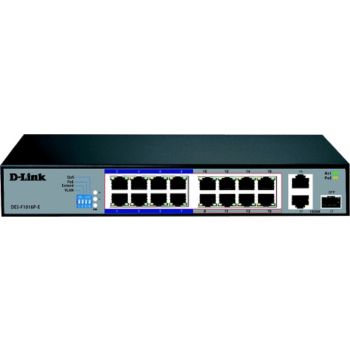 D-Link 16 Port 10/100 Base-T Unmanaged PoE+ Surveillance Switch, Long Range 250m, 2 Gigabit Ports With 1 Combo (RJ45/SFP), 150 Watts | DES-F1016P-E/B
