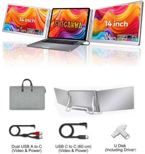 EpicArma Portable Triple Screen Monitor 14" FHD IPS 100% sRGB | Foldable Laptop Screen Extender with 360° Adjustable Display, Silver | EA-PTMS688PRO-GY
