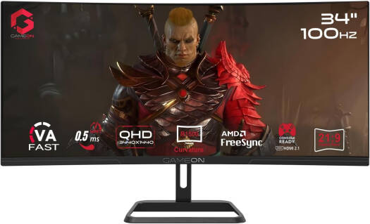 GAMEON GOC34WQHD100VA Curved Gaming Monitor, 34" VA Display, WQHD Resolution, 100Hz Refresh Rate, 0.5ms (MPRT) Response Time, FreeSync & Adaptive Sync VRR Technology, Black | GOC34WQHD100VA