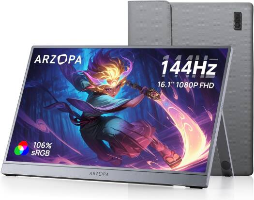 ARZOPA Portable Gaming Monitor, 16.1'' IPS Display, FHD Resolution, 144Hz Refresh Rate, Ultra Slim, Eye Care, External Second Screen for Laptop, PC, PS5, Mac, Gray | Z1FC