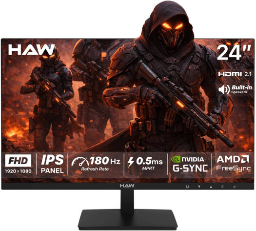 HAW F24IPY Gaming Monitor, 24" IPS Display, FHD Resolution, 180Hz Refresh Rate, 0.5ms (MPRT) Response Time, Built-in Dual 2W Speakers, Adaptive-Sync, FreeSync, Black | F24IPY
