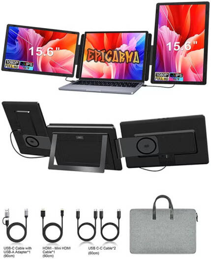 EpicArma 15.6" Portable Triple Screen Monitor Extender FHD IPS, USB-C HDMI Dual Display for Laptop Windows Mac | EA-PTMS9H-BK