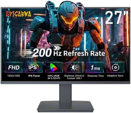 EpicArma Gaming Monitor, 27" IPS Display, FHD Resolution, 200Hz Refresh Rate, 1ms Response Time, Frameless, AMD FreeSync Technology, Built-in Low Blue Light, Eye Care, Black | EA-G27IRH-BK