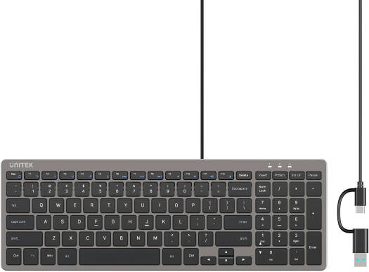 UNITEK SlimTap Ultra Slim 99-Key Wired Keyboard, Arabic/English Layout, Silent Scissor Switch, Ergonomic Top-Raising, Green LED Indicators, Plug & Play, 1.5m Cable Length, Space Grey | T053AGY01-US-AR