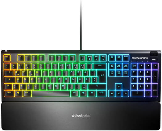 SteelSeries Apex 3 Water Resistant Gaming Keyboard, Premium Magnetic Wrist Rest, Whisper Quiet Gaming Switch, 10-Zone RGB Illumination, Anti-Ghosting, English-Arabic Layout, Black | 64928