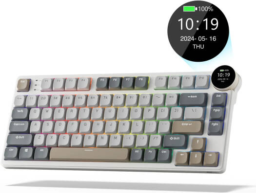 RK Royal Kludge N80 75% Mechanical Keyboard, US QWERTY Layout, Red Switch, RGB Lighting, Smart Display Screen & Knob, Triple Sound-Absorbing Layer, Tri-Mode Connectivity, 3750mAh, Pearly Dawn | N80