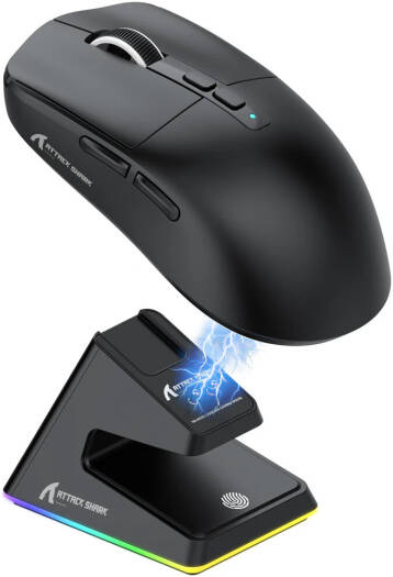 ATTACK SHARK X6 Three Modes Gaming Mouse, Charging Dock, Wired, 2.4G Wireless, Bluetooth 5.2, PixArt PAW3395 Sensor, 650 IPS RGB Charging Dock, Up to 200 Hours Battery Life, Black | X6