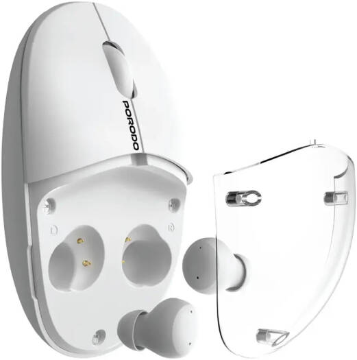 Porodo Wireless TWS Earbud Mouse with Transparent Magnetic Cover, Dual Mode Connectivity, Adjustable DPI 800,1200,1600, 30H Mouse 4H Earbuds Battery Life, Type C Charging, White | PDSTS650WH