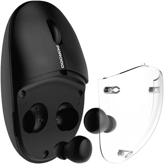 Porodo Wireless TWS Earbud Mouse with Transparent Magnetic Cover, Dual Mode Connectivity, Adjustable DPI 800,1200,1600, 30H Mouse 4H Earbuds Battery Life, Type C Charging, Black | PDSTS650BK