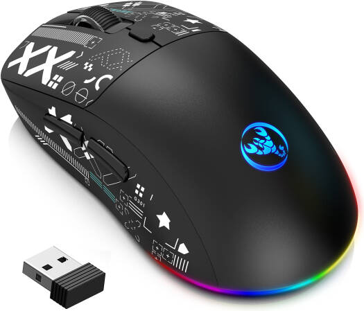 HXSJ T90 Tri-Mode Wired/Wireless Gaming Mouse, 5 DPI Adjustable Level, 650mAh Battery, 5 Buttons, RGB Lighting 6 Modes, Ultra-Light, Silent Switches, Type-C Fast Charging, Black | T90