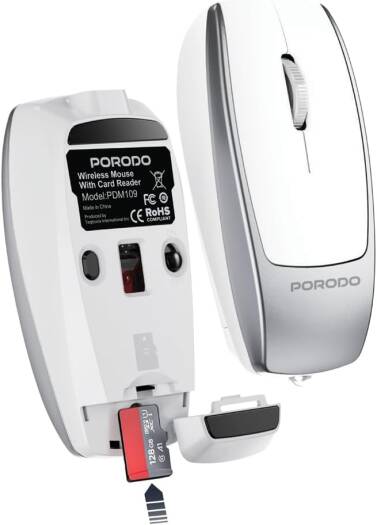 Porodo Wireless Mouse, 1600 DPI Adjustable Sensitivity, Bluetooth 5.1, 10m Range, Silent Click, Type C Rechargeable Battery, Built in Micro SD Card Reader, Ergonomic Design, Silver | PDM109SL