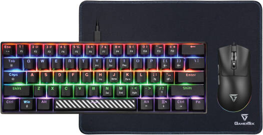 GamerTek Alpha Pack Gaming Bundle, 61 Keys Jixian Red Switch Rainbow Backlit Wired Keyboard, Up to 12,800 DPI 7 Button Wired Mouse, 360x260x3mm Desk Mat, Black | 76026