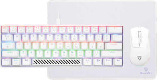 GamerTek Alpha Pack Gaming Bundle, 61 Keys Jixian Red Switch Rainbow Backlit Wired Keyboard, Up to 12,800 DPI 7 Button Wired Mouse, 360x260x3mm Desk Mat, White | 76027