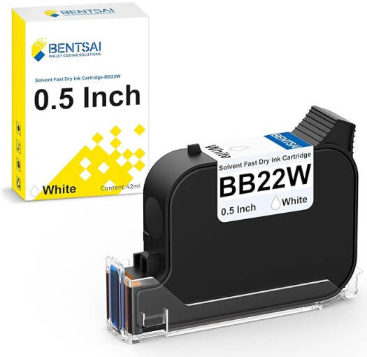 BENTSAI BB22W White Ink Cartridge, Quick-Dry Solvent TIJ Cartridge 0.5 Inch for BT-HH6205B & BT-HH6205BL Handheld Inkjet Printers, Black | BB22W