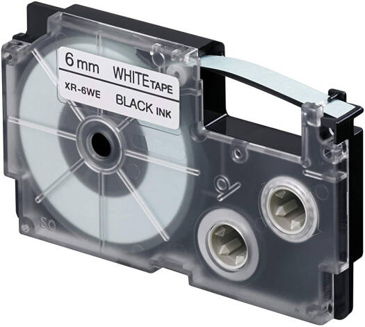 Casio XR-6WE1 6mm Black on White Label Tape, 8m Durable Label Printer Cartridge, Compatible with Casio KL- Series Printers, Easy Organizing Labels | XR-6WE1