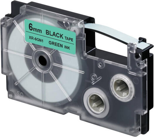 Casio XR-6GN1 6mm Black on Green Label Tape, 8m Durable Label Printer Cartridge, Compatible with Casio KL- Series Printers, Easy Organizing Labels | XR-6GN1