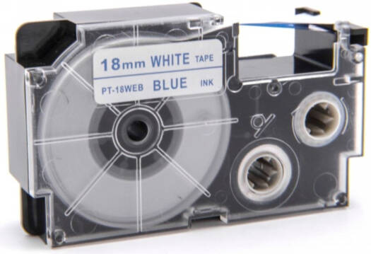 Casio XR-18WEB1 18 mm Blue on White Label Tape, 8m Durable Label Printer Cartridge, Compatible with Casio KL- Series Printers, Easy Organizing Labels | XR-18WEB1