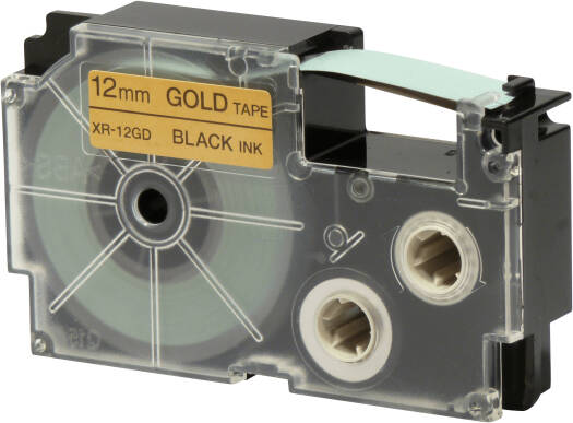 Casio XR-12GD1 12 mm Black on Gold Label Tape, 8m Durable Label Printer Cartridge, Compatible with Casio KL- Series Printers, Easy Organizing Labels | XR-12GD1