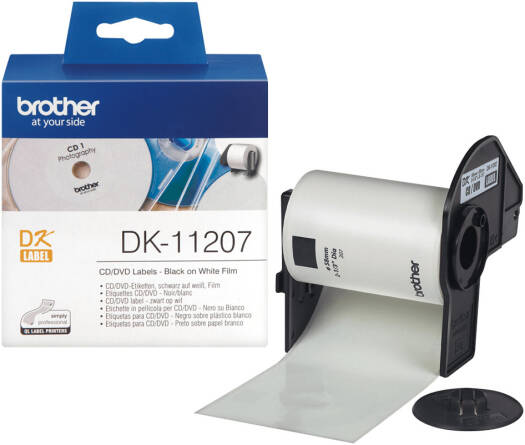 Brother DK-11207 CD/DVD Film Label Roll, 58mm Diameter Die-Cut Round Labels, Black on White Plastic Film, 100 Self-Adhesive Disc Labels per Roll | DK-11207