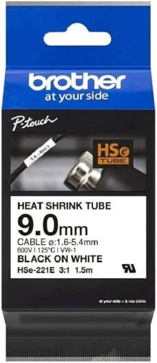 Brother HSE-221E 9.0mm Black on White Heat Shrink Tube Cartridge, Heat Shrink Tubes Insulate up to 300V, Tape Shrinks in a Ratio of 3 1, Black | HSE-221E