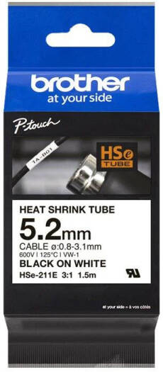 Brother HSE-211E 5.2mm Black on White Heat Shrink Tube Cartridge, Shrink Ratio of 3 1, Black | HSE-211E