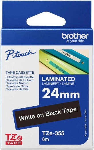 Brother TZe-355 Tape Cassette, 24mm Width, 8M Length, White on Black Tape, Laminated | TZe-355