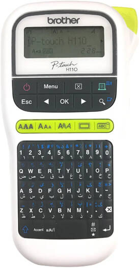 Brother PT-H110 Label Printer, 180 DPI Resolution, 461 Number of Characters, 20mm/sec. Print Speed, LCD Display, Up to 12mm TZe Laminated Tapes Width Print, White | PT-H110
