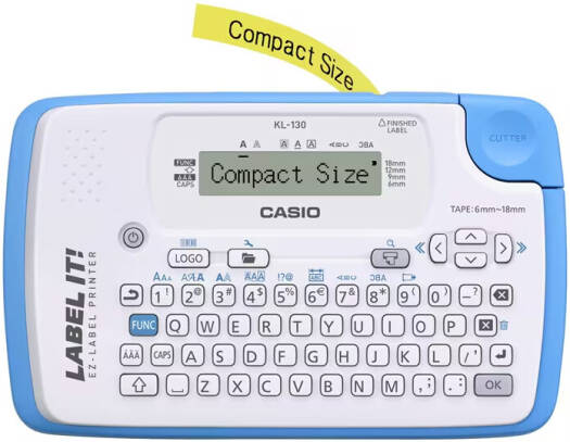 Casio KL-130 Desktop Label Printer, QWERTY Keyboard 96x16 LCD Display, 200DPI 6mm/s Speed, 6/9/12/18mm Tape Compatible, 8 Fonts 534 Characters Barcode EAN-13 Support, Blue / White | KL-130