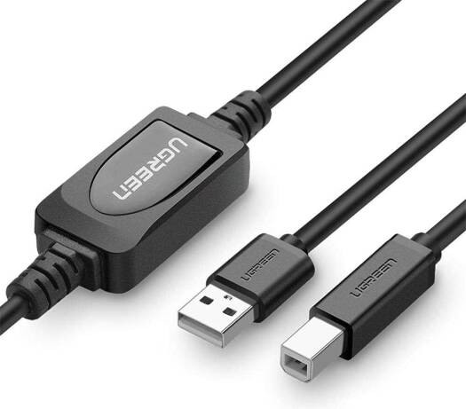 UGREEN US122 USB 2.0 A Male to B Male Active Printer Cable, 480Mbps with Built-in Amplifier Extender for TV, Projector, Monitor, 15 Meter, Black | 10362