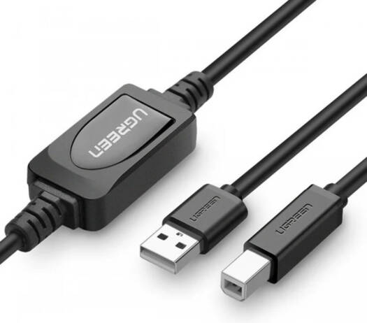 UGREEN US122 USB 2.0 A Male to B Male Active Printer Cable, 480Mbps with Built-in Amplifier Extender for TV, Projector, Monitor, 10 Meter, Black | 10374