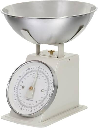 Green Lion Vintage Kitchen Scale, Stainless Steel Bowl, Analog Display, 5 kg / 11 lbs Capacity, Easy-To-Read Dial, Tare Function, Calibrating Dial, Dishwasher-Safe Bowl, Cream | GNVNKSCACM