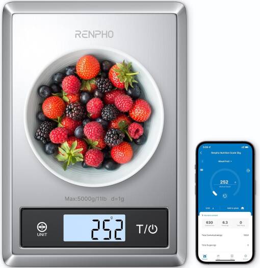 RENPHO Smart Food Scale, Digital Kitchen Scale for Food Ounces and Grams, with Nutritional Calculator APP for Keto, Macro, Calorie, Weight Loss, Precise Graduation, Stainless Steel | ES-SNS01-SL