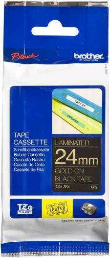 BROTHER Genuine TZe 354 Standard Laminated Label Tape Replacement for Label Printers, Gold on Black, 24mm wide, 8m long