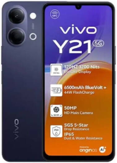 Vivo Y21 5G Smartphone, 6.74" 120Hz Sunlight Display, 4GB/256GB Storage, 6500mAh BlueVolt Battery, MediaTek Dimensity 6300 Processor, IP65 Water and Dust Resistance, Black | Y21BK