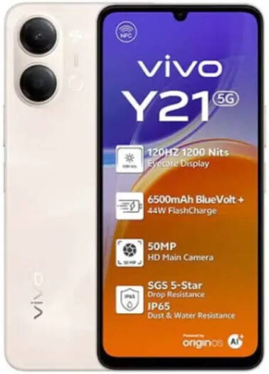 Vivo Y21 5G Smartphone, 6.74" 120Hz Sunlight Display, 4GB/256GB Storage, 6500mAh BlueVolt Battery, MediaTek Dimensity 6300 Processor, IP65 Water and Dust Resistance, Gold | Y21G