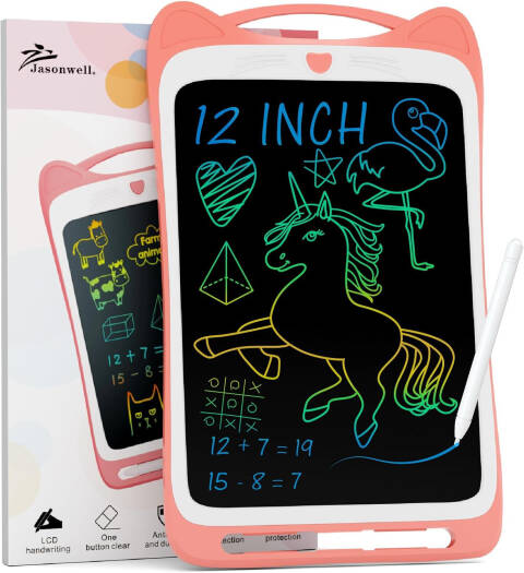 Jasonwell LCD Drawing Writing Tablet, 12 Inch Doodle Board, One Click Erase, No Harm to Eyesight (Radiation, Glare, Blue Light), Durable & Portable, Pink Cat | JX-SB-H12P
