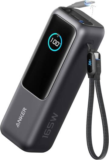 Anker Power Bank, 25,000mAh 165W Ultra-Fast Portable Charger for Dual Laptops, Fast Charging Battery Pack with Built-In & Retractable Cables, Black/Gray | A1695H11