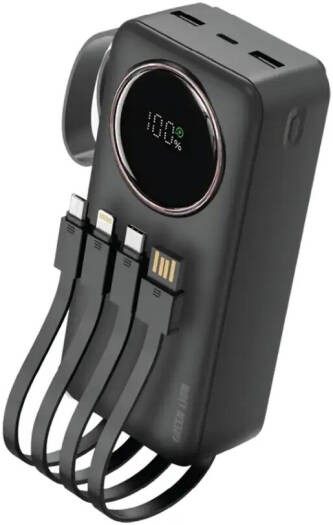 Green Lion Power Pulse Power Bank, Digital Display, Built-in Cable, PD 22.5W Fast Charging, 2 USB-A Ports, Type-C Port/Cable, Lightning Cable, 30000mAh Battery Capacity, Black | GNPWRPS30KBK