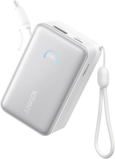 Anker Nano Power Bank, 10000mAh Portable Charger with 2.3 ft InstaCord Retractable Cable, 45W Max Compact Battery Pack, Smart Display, White | A1638H21