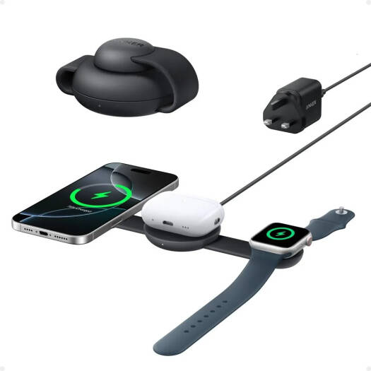 Anker MagSafe Compatible MagGo UFO 3-in-1 Charger, iPhone 17 Wireless Charging Station, 15W Qi2 Certified, Foldable Travel Charging Pad, StandBy Mode for Optimal Viewing, Black Stone | B25M8H11
