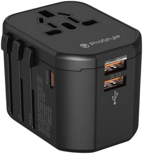 ProStyle 20W Universal Travel Adapter with Multi Sockets, 2 USB and 1 Type C Ports compatible for More than 150 Countries, Black | PSUAD1